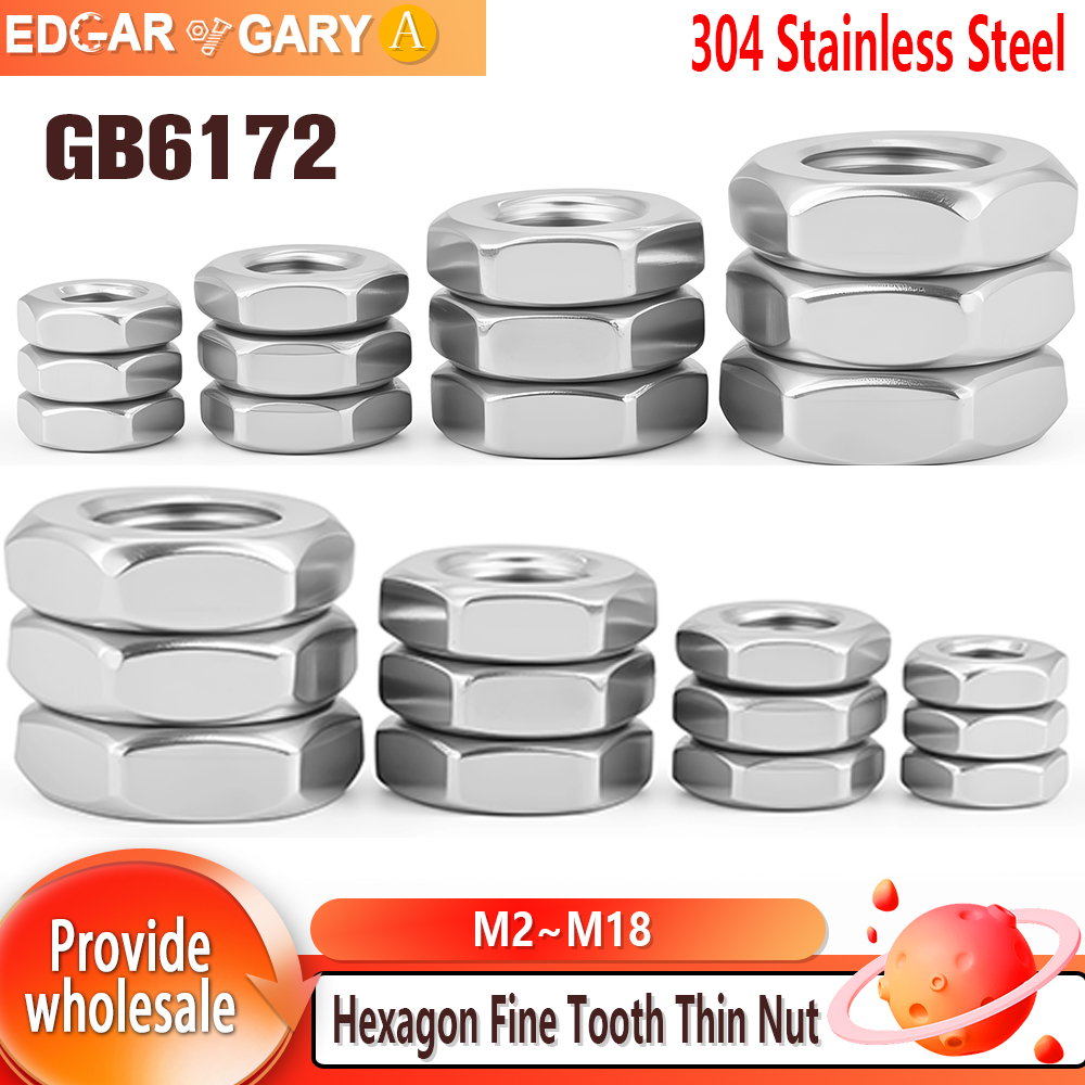 M2 M2.5 M3 M4 M5 M6 M8 M10 M12 M14 M16 M18 GB6172 304 Stainless Steel Hexagon Fine Tooth Thin Nut 2pcs-50pcs Flat Hex Nuts