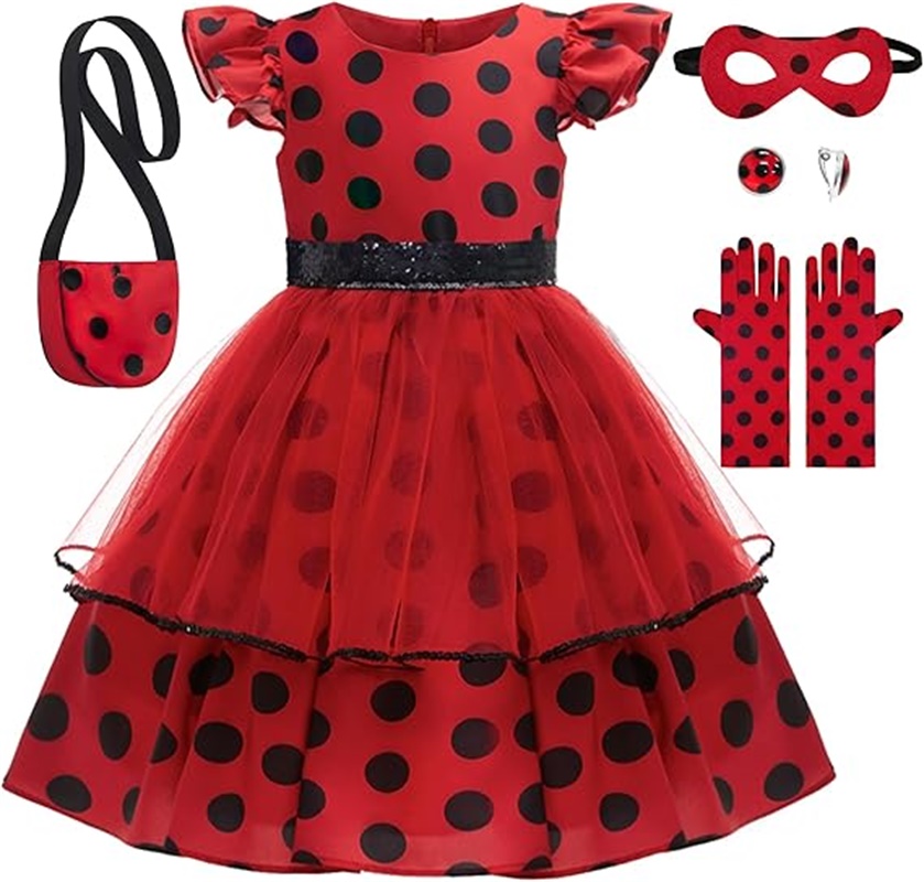 Disfraz de Cosplay para niñas, vestido rojo de lunares con bolsa, guantes, máscara, pendientes para niños, disfraz de Halloween y cumpleaños
