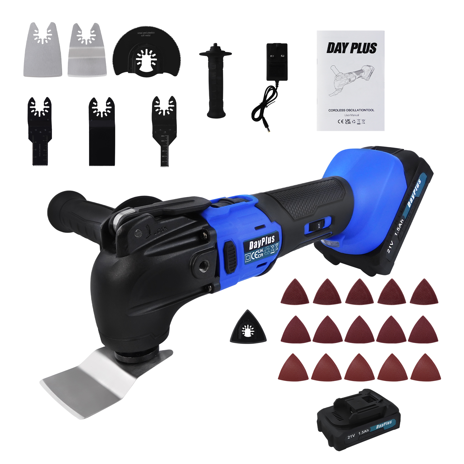 Outil multifonction oscillant sans fil, 2000 tr/min, sans balais, 4 °,6 vitesses, scier des papiers abrasifs sphpopularité, batterie 21V, 1,5 Ah