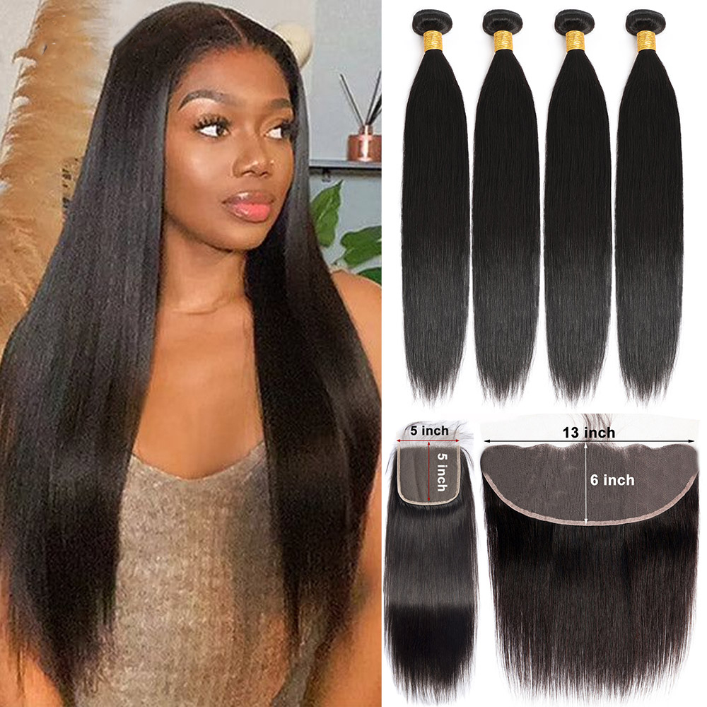 Cabelo Humano Virgem Cru Liso 5x5 com Fechamento Frontal 13x6 e Pacotes de Cabelo Humano Natural para Alongamento