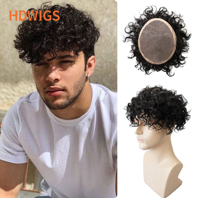 Prótese Capilar Masculina Afro, Cabelo Humano Indiano Cacheado com Efeito Molhado, Unidades de Sistema Capilar Masculino, Topper de Cabelo Humano com Cachos de 25mm, Cor Natural