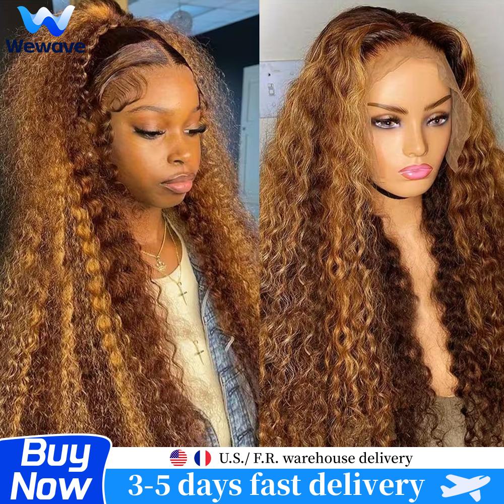 Peruka typu Deep Wave z pasemkami 4/27, z naturalnych włosów, z koronką z przodu 13x6 13x4 HD, peruka ombre w kolorze miodowego blondu, kręcona, z naturalnych włosów, o gęstości 200.