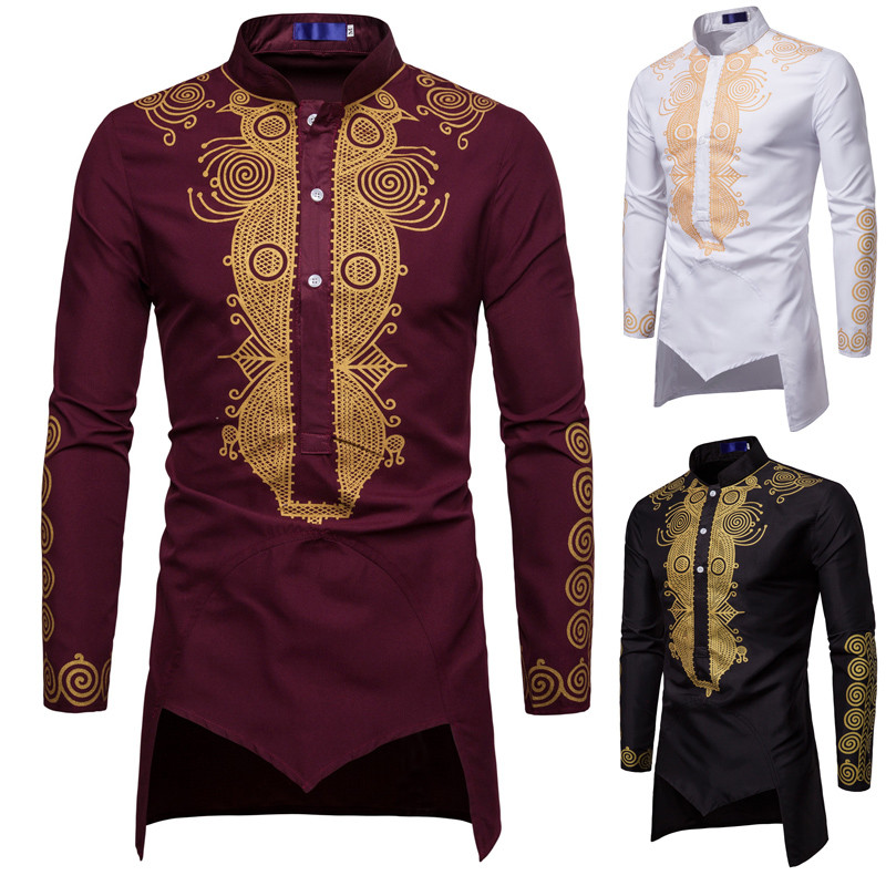 Camisa masculina de comprimento médio, roupas masculinas muçulmanas, estampa dourada, gola branca