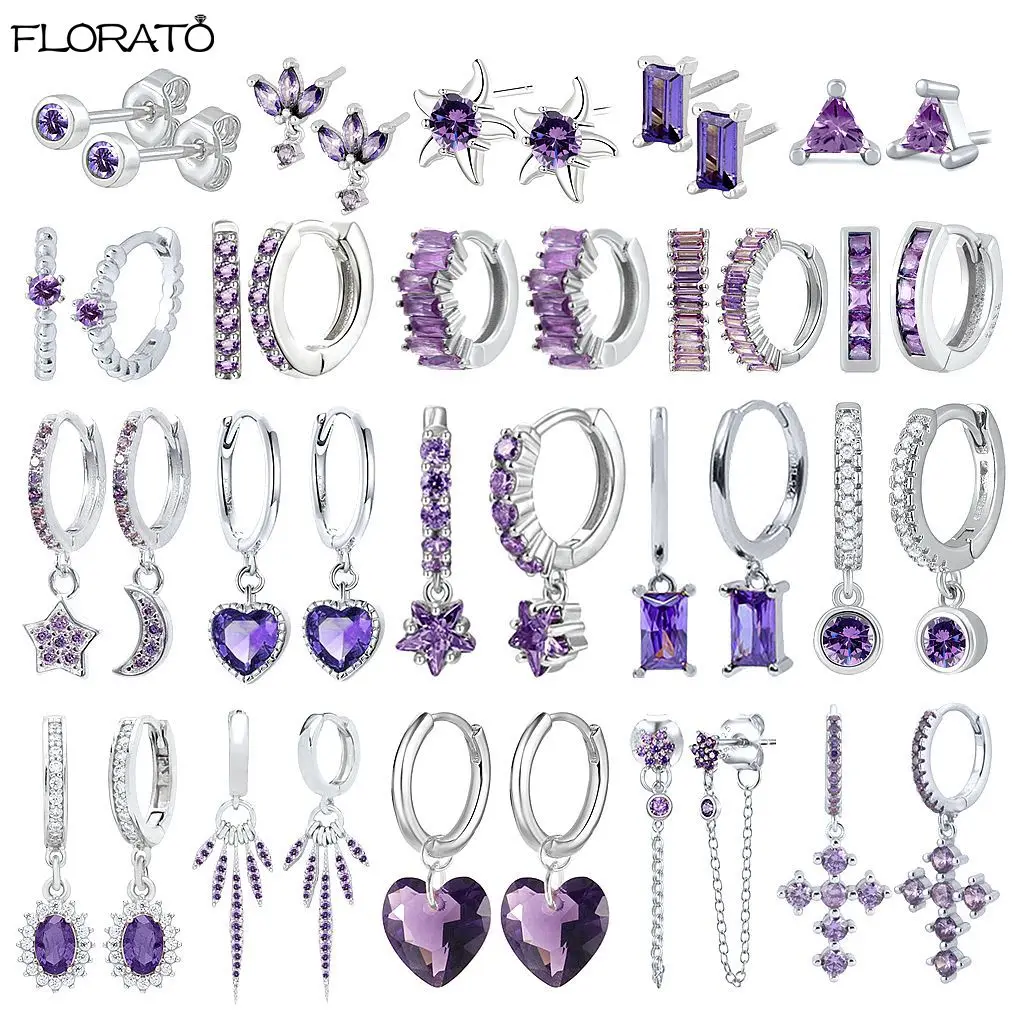 Pendientes morados elegantes con aguja de Plata de Ley 925, exquisitos pendientes de aro pequeños para mujer, accesorios de joyería de punción a la moda