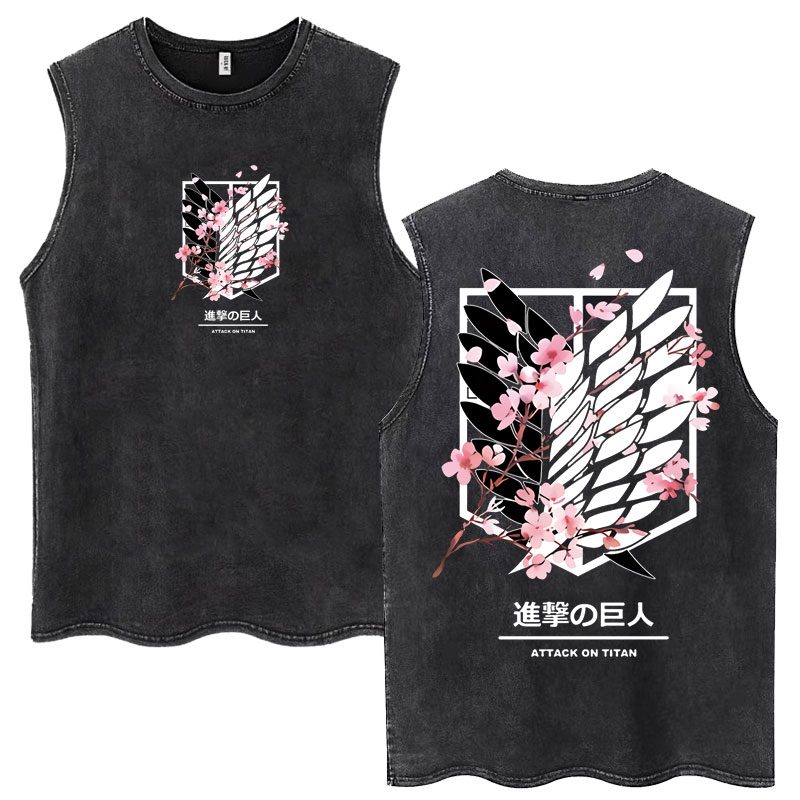 Anime Aanval op Titan Wash Tank Tops Ackerman Mikasa Eren Jaeger Kersenbloesem Logo Mouwloos T-Shirt Mannen Vrouwen Katoenen T-shirt