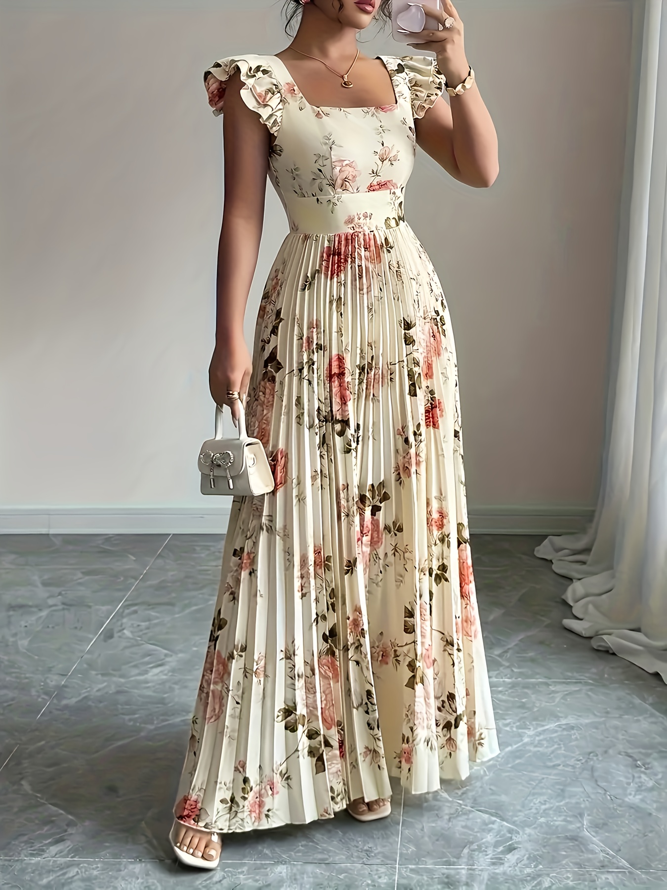 Elegante beige bloemen geplooide midi-jurk met ruches, vierkante hals en stretch hoge taille, slim-fit feestavondjurk