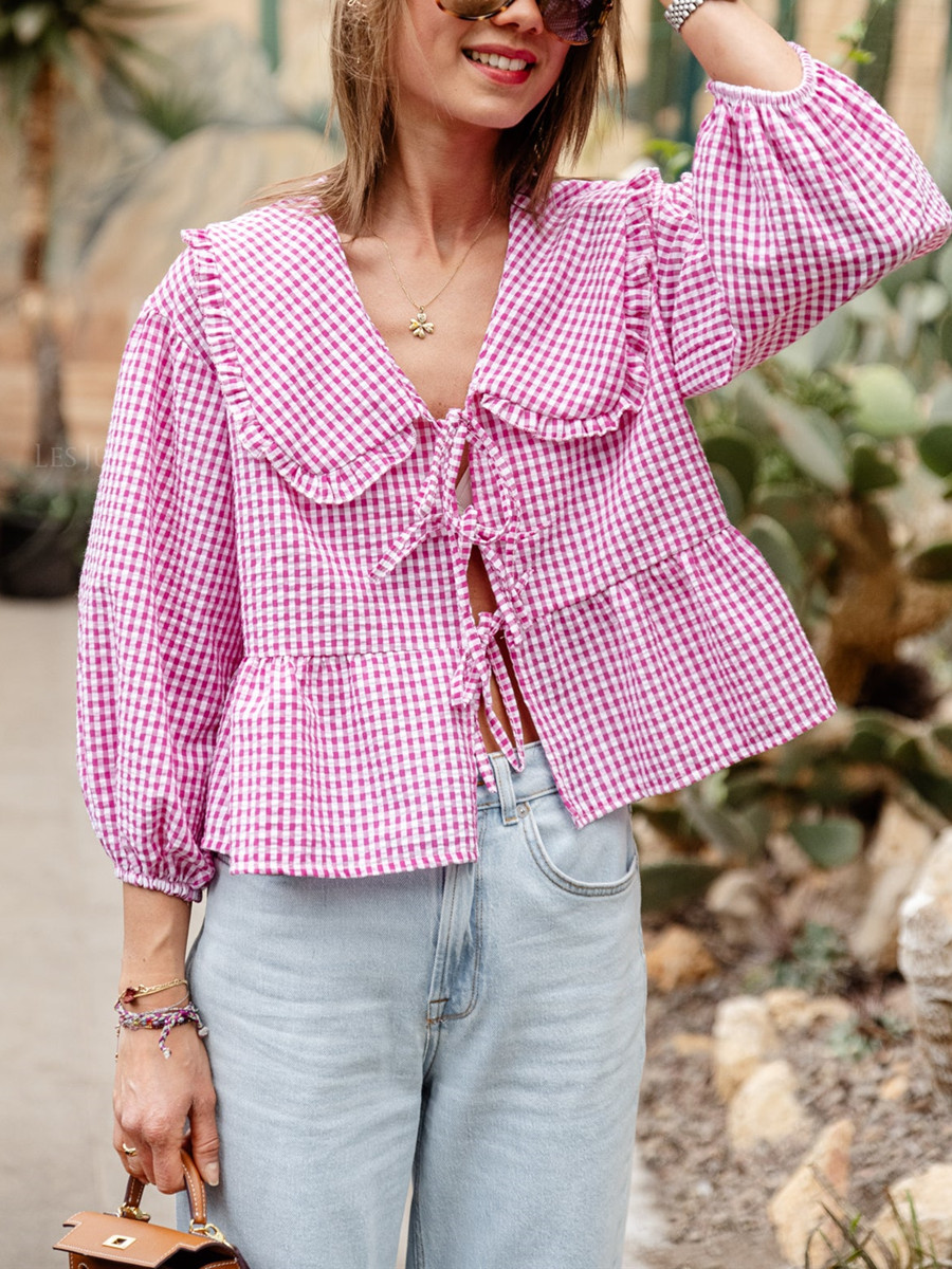 Vrouwen Voorstrik Strik Geruite Blouse Casual Losse Lange Mouwen Peter-Pan Kraag Shirts Vrouwelijke Lente Zomer Peplum Tops Streetwear