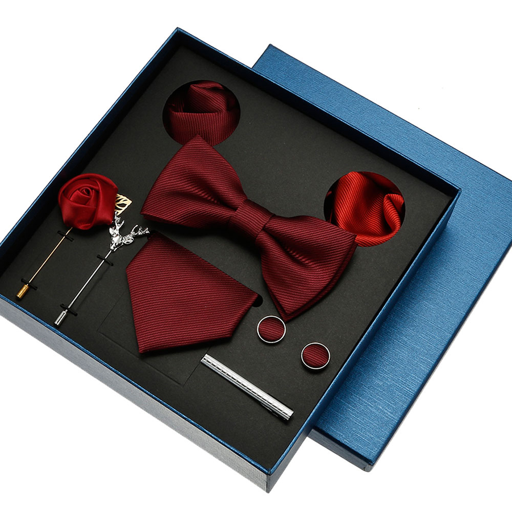 Conjunto de gravata de seda para homens, broches Hanky, abotoaduras e clipe, vermelho Borgonha, presentes de casamento, acessórios