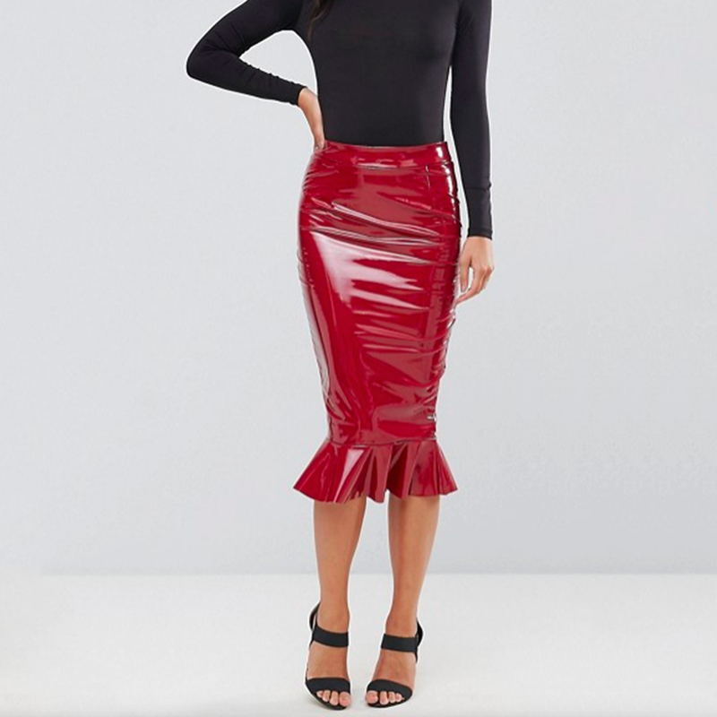 Sexy Faux Latex Hobble gonne donna Shiny PU Leather Ruffles gonne Midi Ladies Stretchy Bodycon gonna lunga Clubwear New Custom