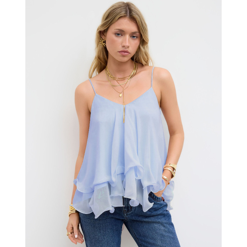 Top da donna in chiffon con spalline sottili, scollo a V, volant, senza maniche, elegante, casual, con orlo a strati, per tutti i giorni e feste