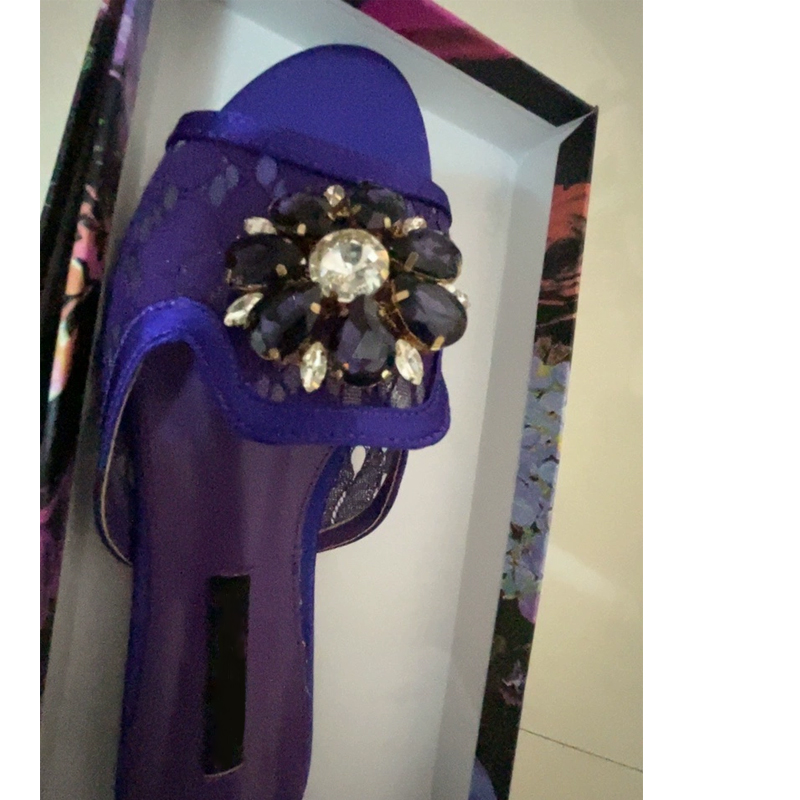 Blue Lace Open Toe Flat Slippers Woman Summer 2026 Mesh Breathable Rhinestone Round Toe Sandals Outerwear Shoes for Women