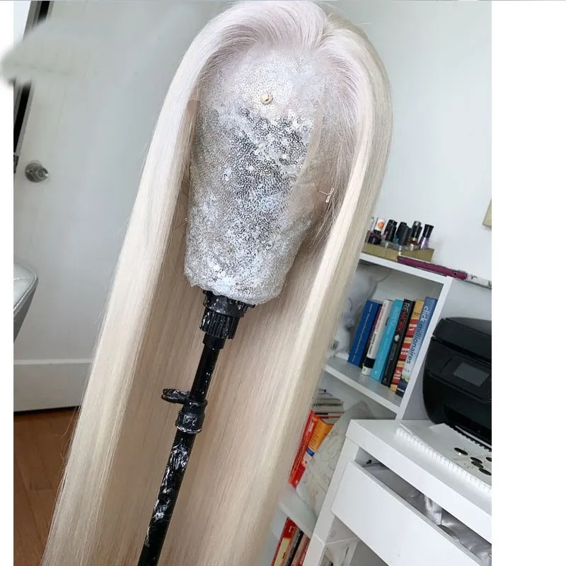 Peruka syntetyczna typu lace front, prosta, w kolorze platynowego blondu, wstępnie wyskubana, gotowa do założenia, 13x4 HD, bezklejowa, dla kobiet, do cosplayu.