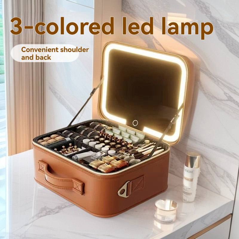 Портативный косметический кейс с LED-зеркалом, вместительная сумка-органайзер для косметики с держателем для кистей