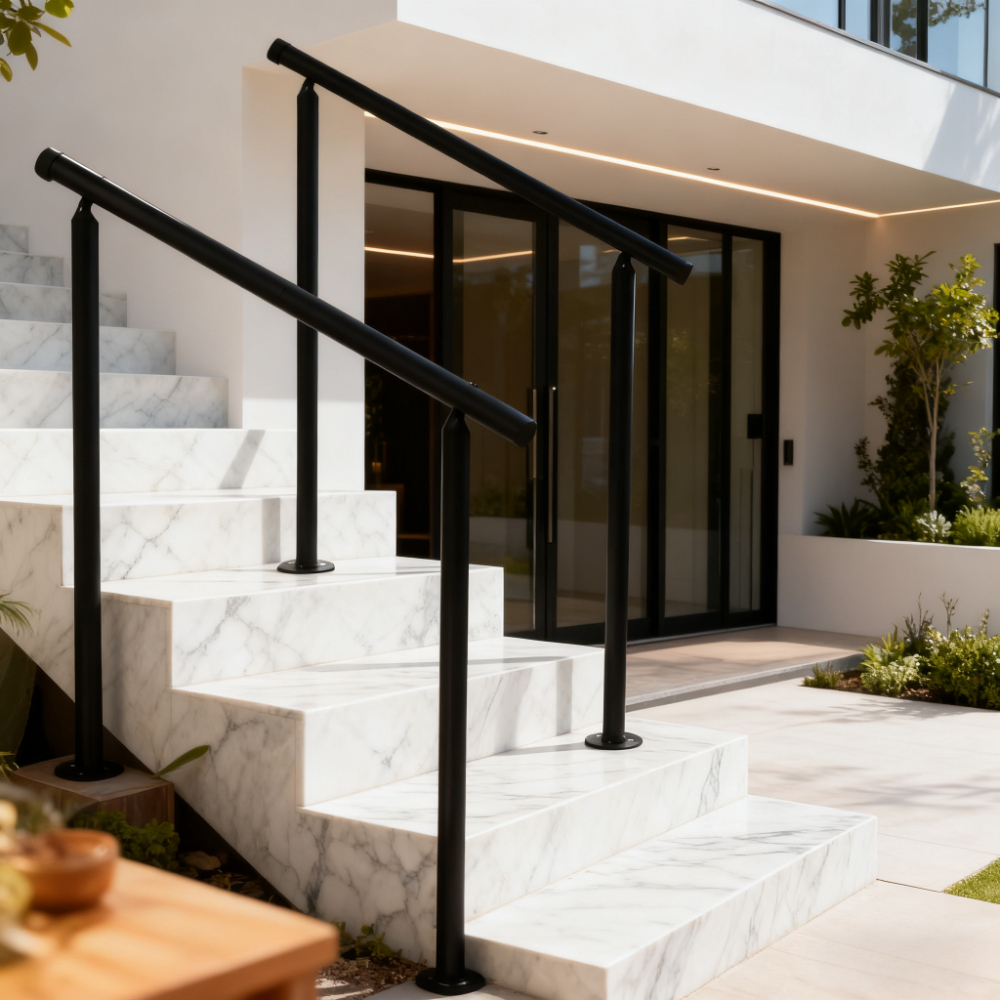 2 Pack Black Wrought Iron Outdoor Stair Railing for 2-3 Steps Heavy Duty Porch/Deck Hand Rail w/Kit for Concrete Steps