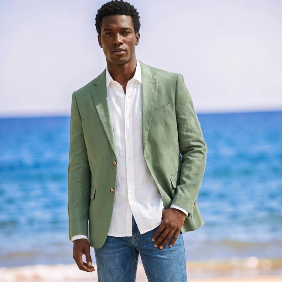 Blazer de Linho Verde Sálvia para Homens, Jaqueta de Terno Masculino para Festa na Praia de Verão, Lapela Entalhada, Corte Slim, Moda Masculina, Tamanhos XS-5XL
