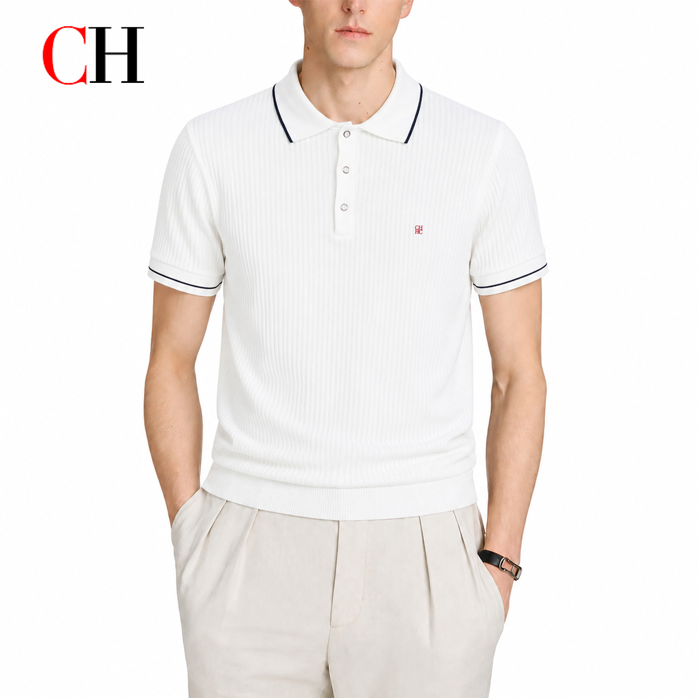 CH Heren Klassiek verticaal geribbeld gebreid poloshirt met opstaande kraag en manchetten Mini-borduurwerk Smart Casual Dagelijks woon-werkverkeer