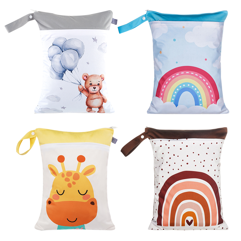 Elinfant Bolsa de pañales para bebés con estampado de dibujos animados, impermeable, pañal seco y húmedo, bolso con cremallera, cochecito, paquete de transporte, bolsa de pañales húmeda para viajes al aire libre