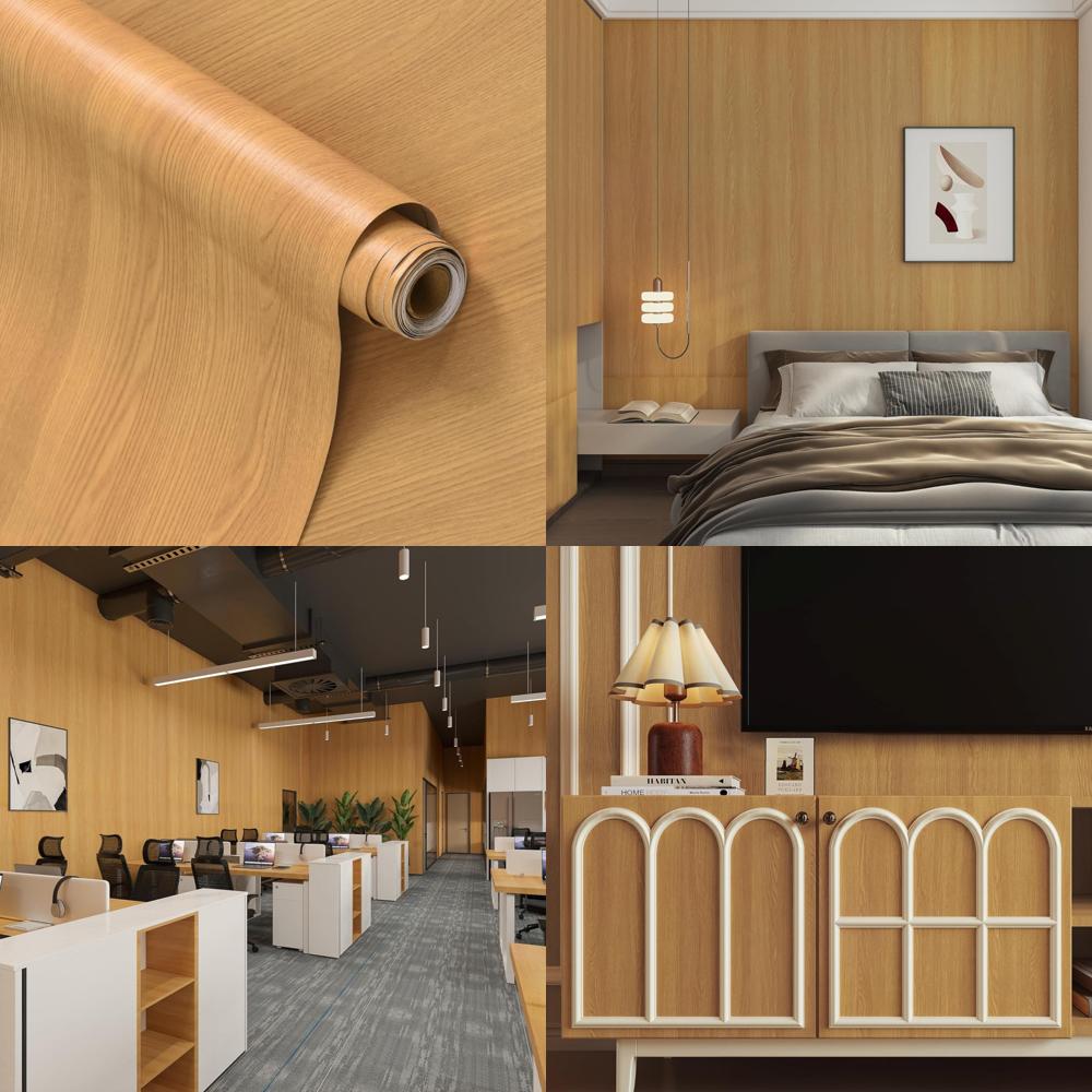 Natural Wood-Textured Contact Paper, 48x196, Yellow Brown Vinyl, Waterproof, Self-Adhesive Wallpaper for Easy Installation