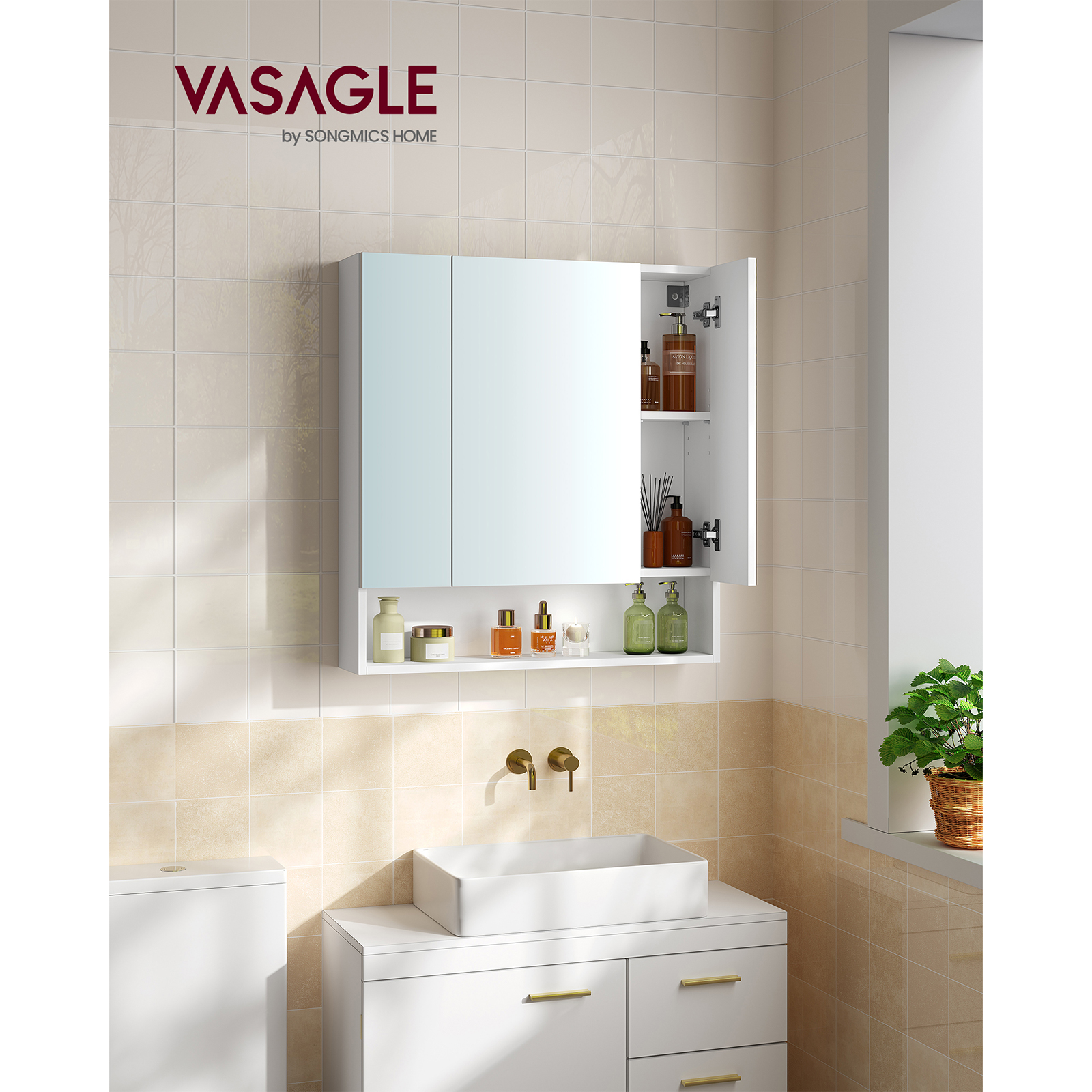 VASAGLE-armario con espejo para el baño, mueble de pared con compartimento abierto, estantes ajustables