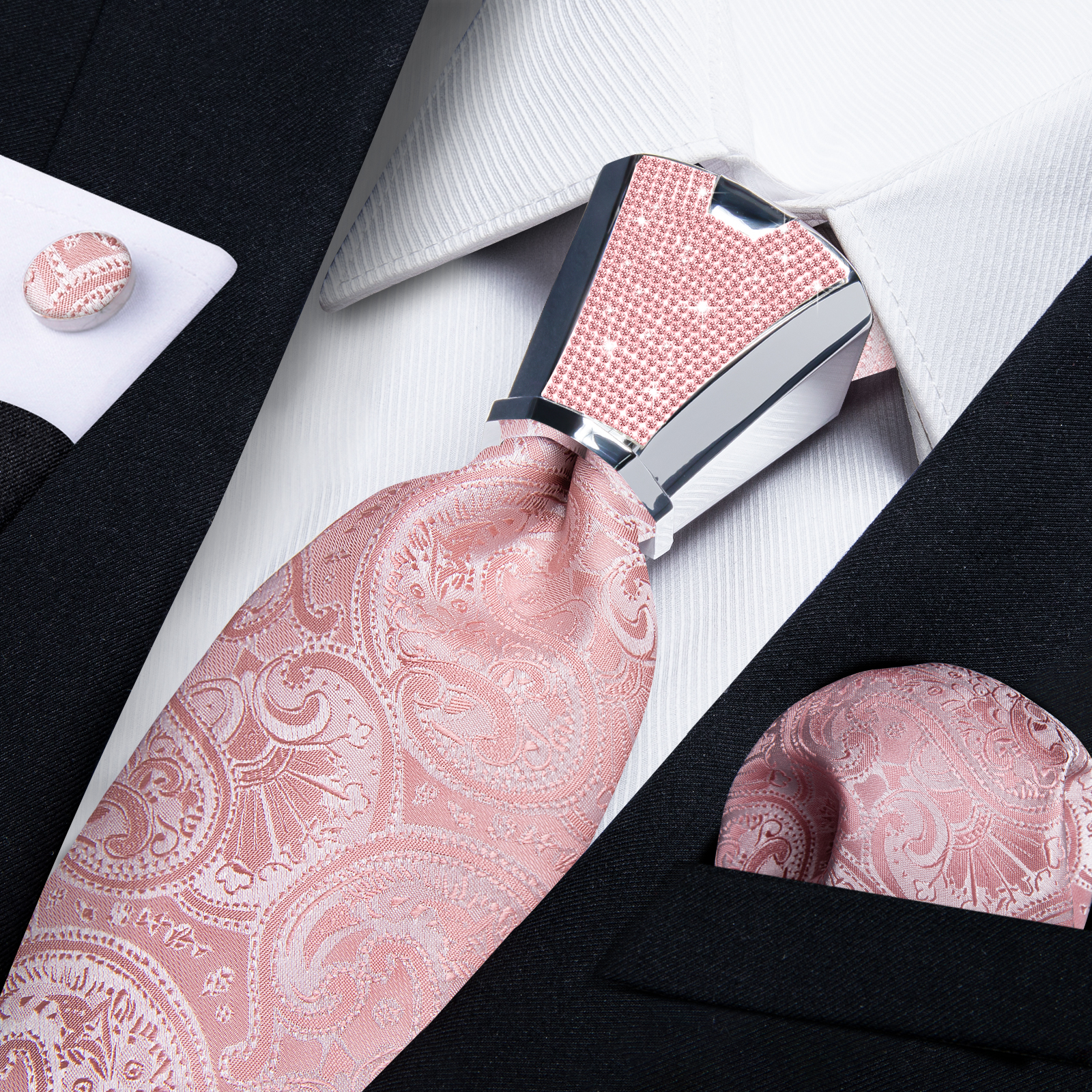 Cravates roses unies à motif cachemire de 8 cm pour hommes avec boucle de cravate en plastique de luxe, pochette de costume et boutons de manchette – Accessoire pour affaires, mariage et fête
