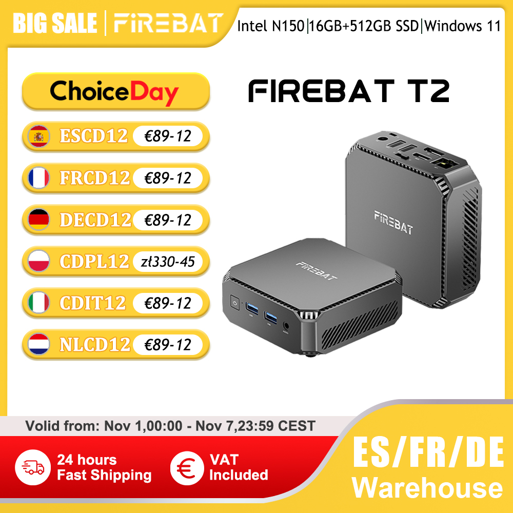 FIREBAT T2 Mini PC Intel N150 CPU Windows 11 DDR4 16GB RAM 512GB SSD WIFI5 BT4.2 Computer Desktop porta USB HDMI