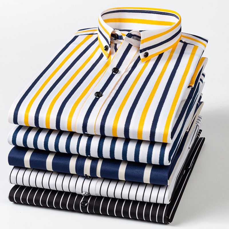 Chemise d'affaires décontractée à manches longues pour hommes, chemise habillée sociale à rayures classiques, sans porter, résistante aux rides et facile à entretenir