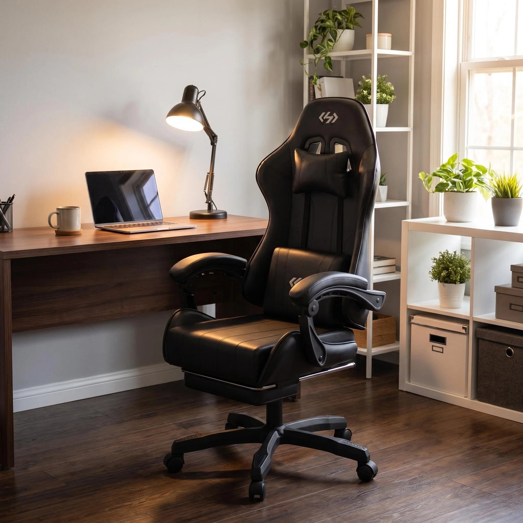 Gaming Chair, Ergonomic Computer Office Chair with Lumbar Support Footrest Headrest, Adjustable Height & Backrest Angle Video Gamer Chair, PU Leather, 360° Swivel, Adult,Black