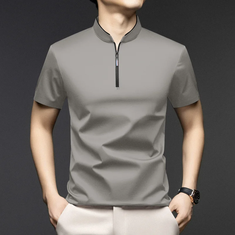 2025, neue männer Casual Fashion Zipper Solide Farbe Kurzarm Polo-Shirt Stehkragen Vielseitig Bequeme Top