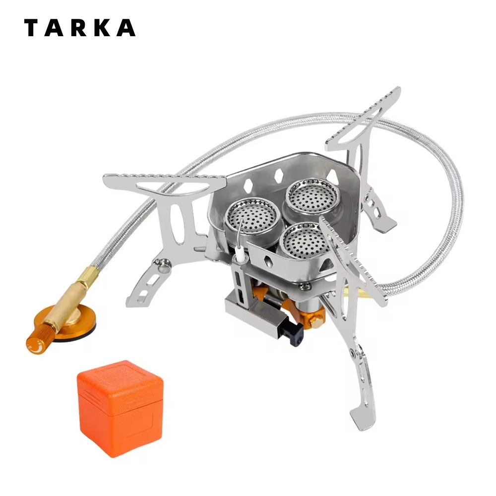 TARKA 3 Köpfe Gasherd Tourist Camping Brenner Klappbarer Rucksackkofen 5800 W Outdoor Wandern Picknick BBQ Kochausrüstung