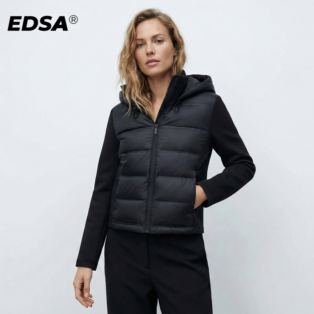 EDSA Veste rembourrée noire pour femme, capuche réglable avec bouchons, col haut, manches longues, poches latérales, haut chaud d'hiver, vêtements d'extérieur