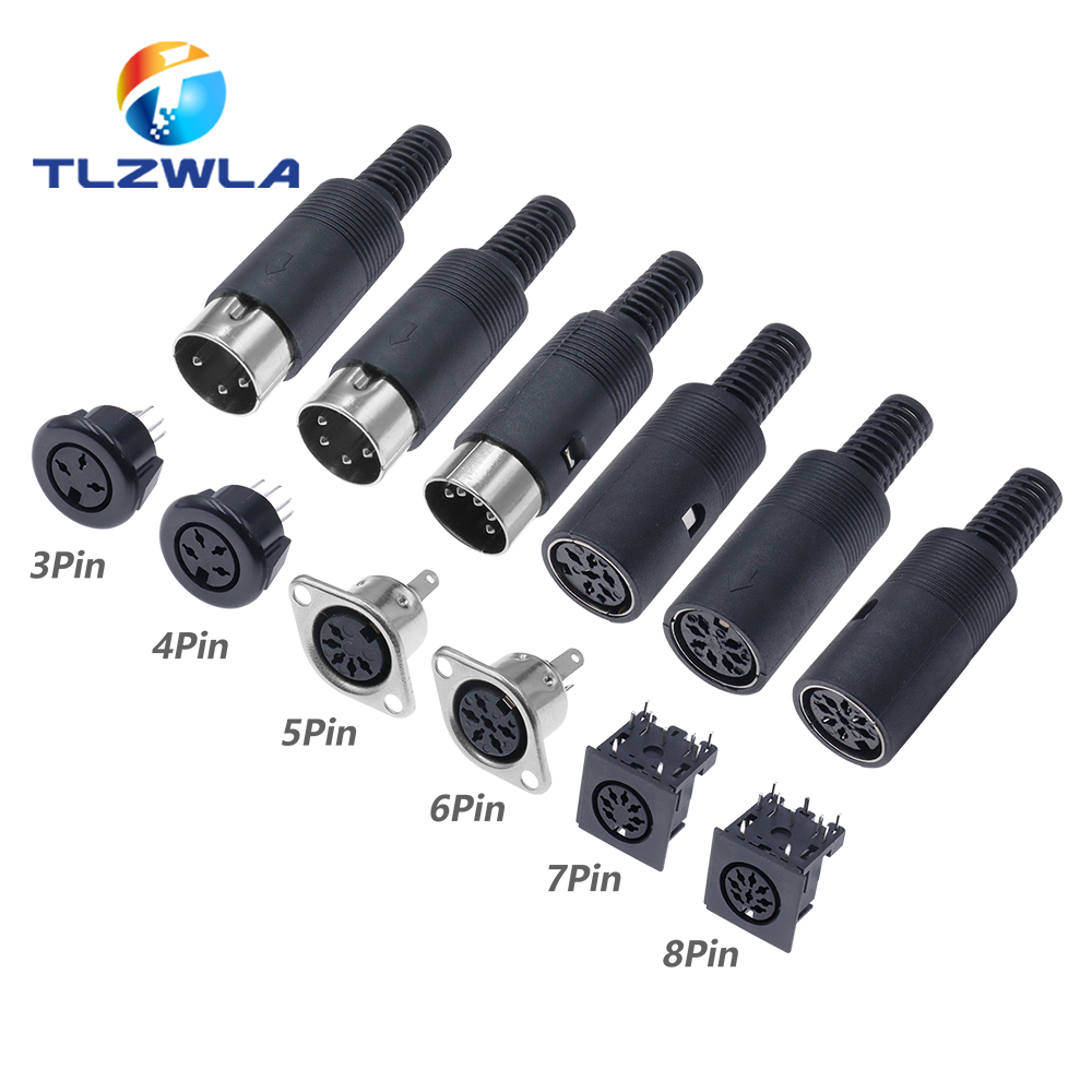 Solder Connector DIN 3 4 5 6 7 8 Pin DIN Male Female Plug with Plastic Handle + Female Socket Hulled Panel Mount Chassis