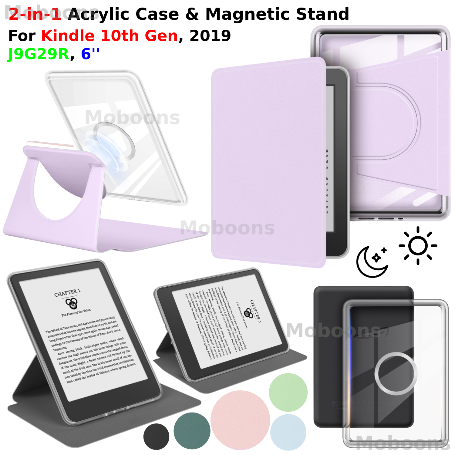 Para Kindle 10a Geração Caso 360 °   Estojo acrílico removível giratório 2 em 1, suporte magnético 6 '' 2019 J9G29R Capa de couro PU Funda