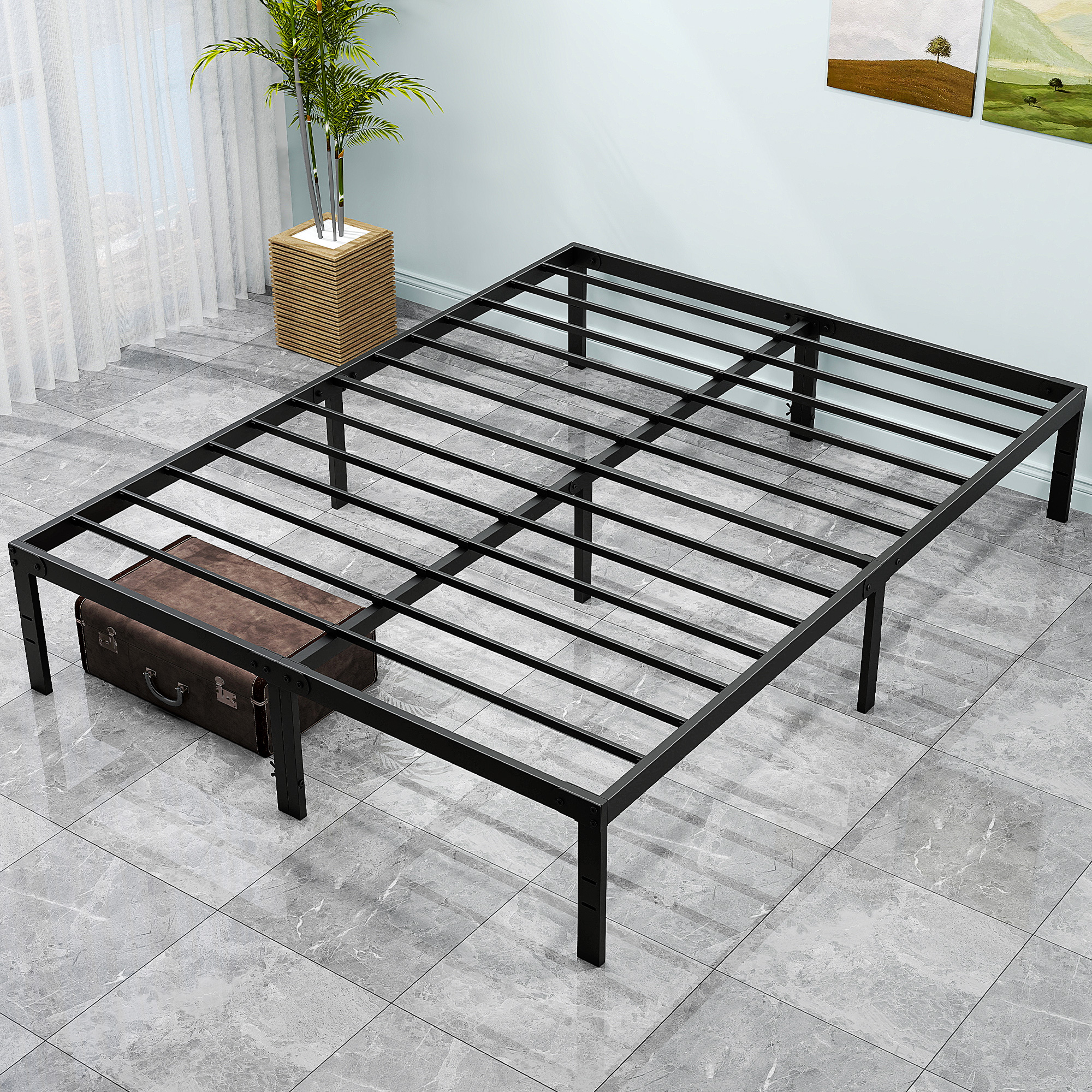 JHK Metal Platform 16IN Tall Basic Bed Frame Sturdy Steel Heavy Duty with Storage Space Bedroom Frames Slat Support For Home