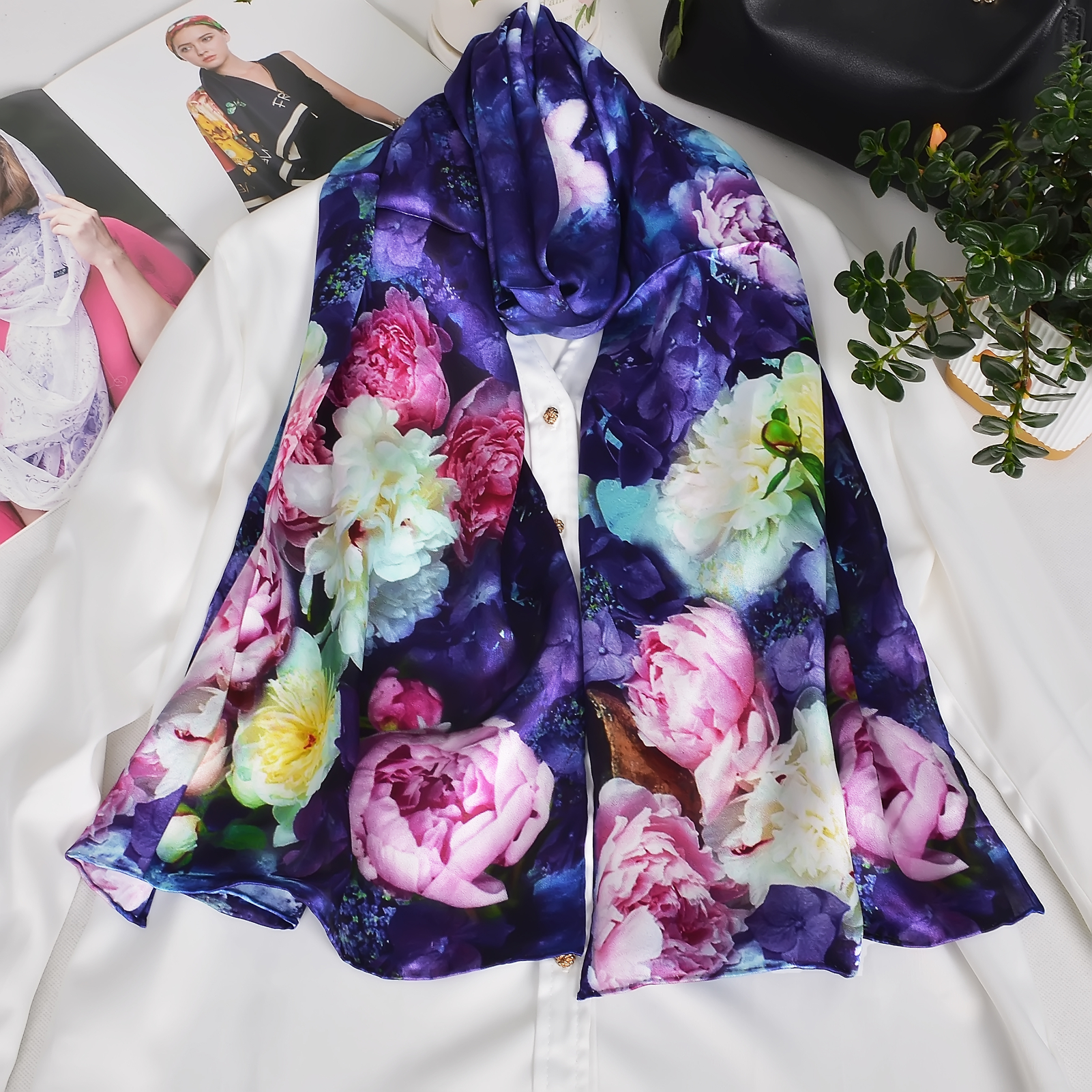 BYSIFA |   Syal Sutra Biru Ungu Foulard Syal Panjang Peony Merek Wanita Tiongkok Syal Wanita Sutra 100% Musim Gugur Musim Dingin Cetak 170*53Cm