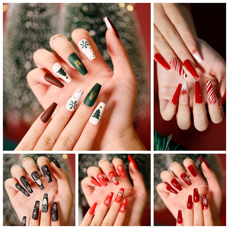 24 Uds./Set Uñas Postizas Francesas de Navidad, Puntas de Uñas a Presión, Cobertura Completa, Uñas Acrílicas Artificiales, Uñas Postizas Removibles y Usables