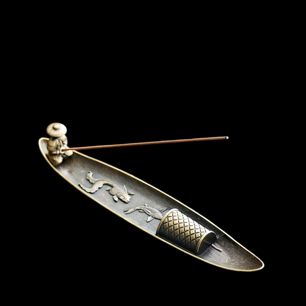 Bruciatore d'incenso in metallo stile giapponese Zen da 21 cm, a forma di pescatore, con supporto per bastoncini di incenso al sandalo a foglia singola, in lega, per decorazioni domestiche