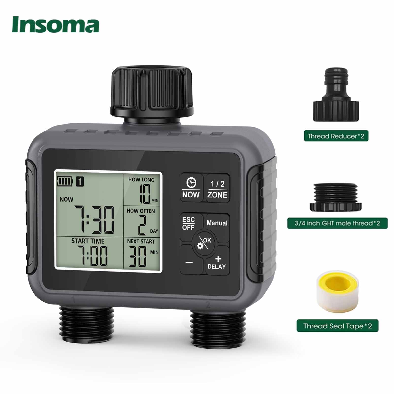 Insoma 2-Zonen IPX5 Bewässerungstimer mit Regenverzögerung – Wassersparender Bewässerungscontroller für Rasen, Garten und Tropfsysteme