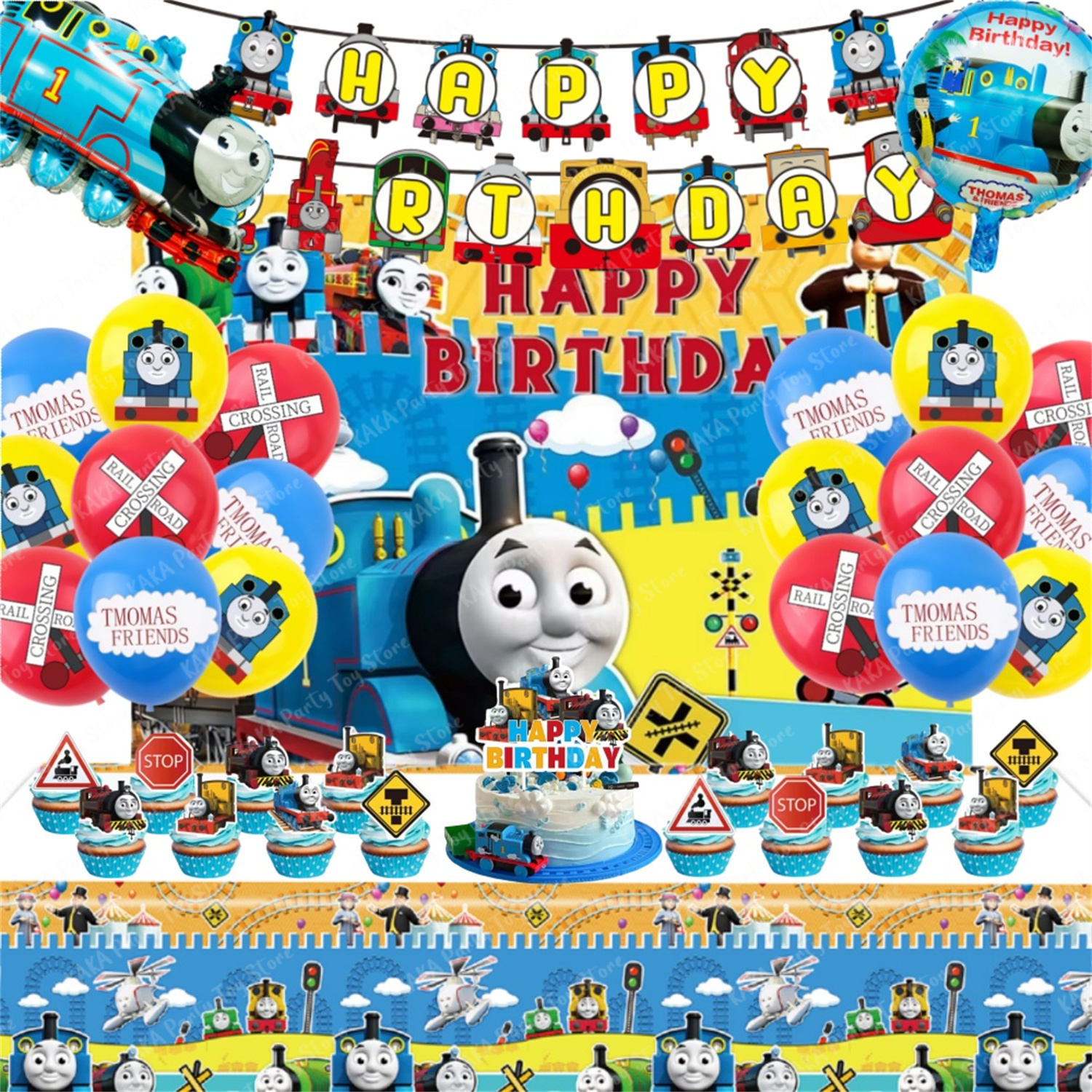 62 Stuks Thomas Verjaardag Decoratie Cartoon Trein Party Latex Ballon Banner Cake Topper Achtergrond Tafelkleed Benodigdheden Kids Gift Set