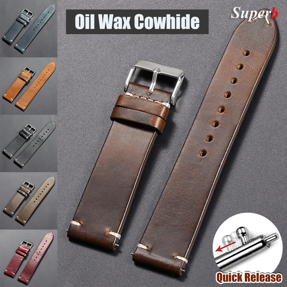 Correa de reloj de cuero encerado de aceite Vintage 18mm 20mm 22mm 19mm 21mm 24mm correa de cuero de vaca de costura Universal para Omega para correa de reloj Seiko