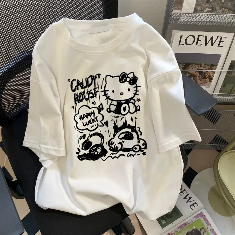 Модная женская футболка с принтом Hello Kitty, свободный крой, женский повседневный летний топ Y2k, модный топ с короткими рукавами в стиле Харадзюку
