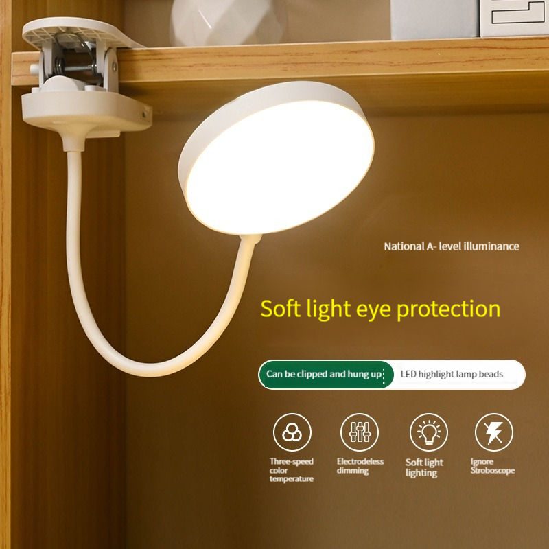Clipe recarregável USB na lâmpada de mesa, 3 temperaturas de cor e regulável, luz de leitura LED para quarto de escritório de estudo