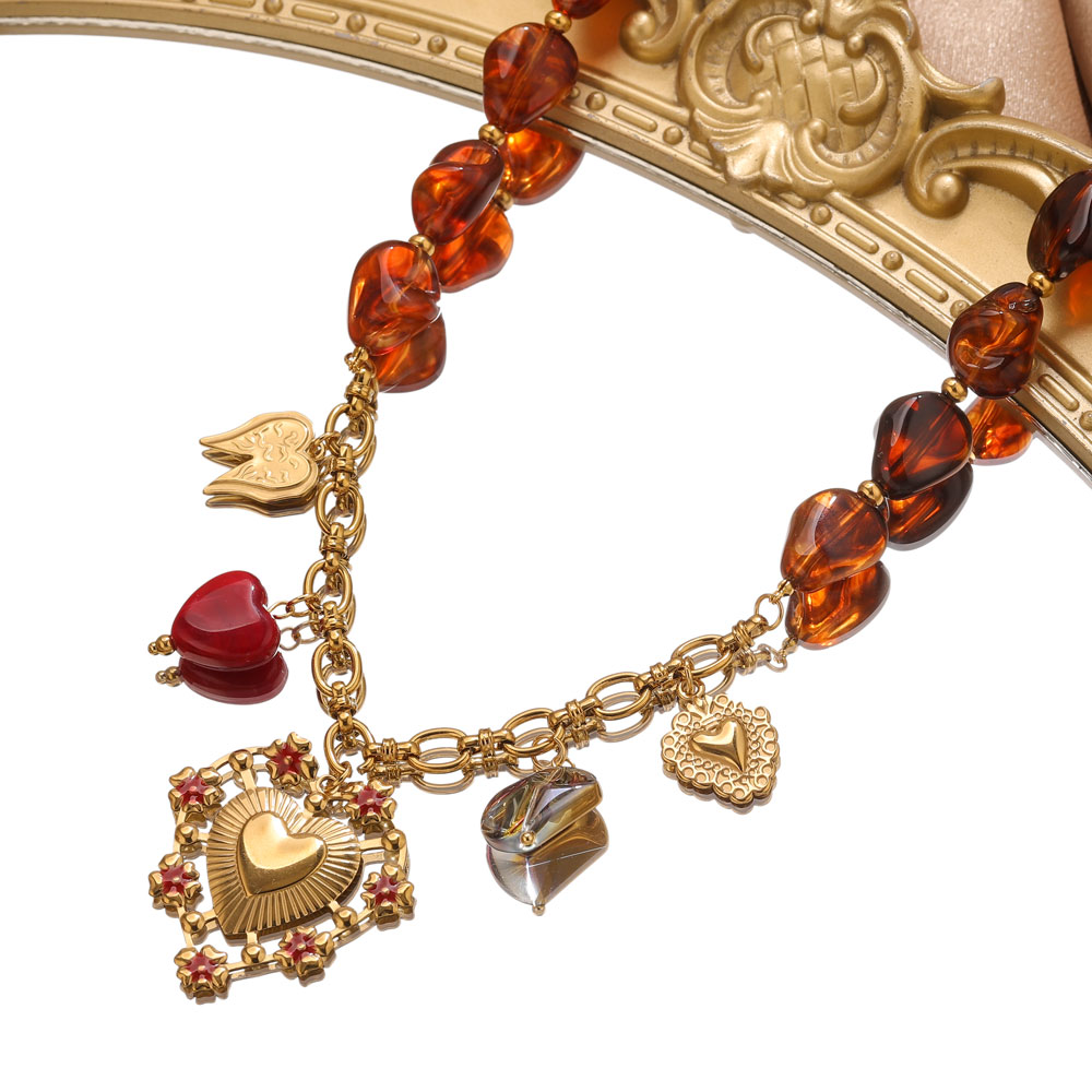Naszyjnik Jolivie Vintage ze stali nierdzewnej z dużym sercem, naszyjnik z łańcuszkiem z żywicy bursztynowej, modna biżuteria damska, ręcznie robiony choker