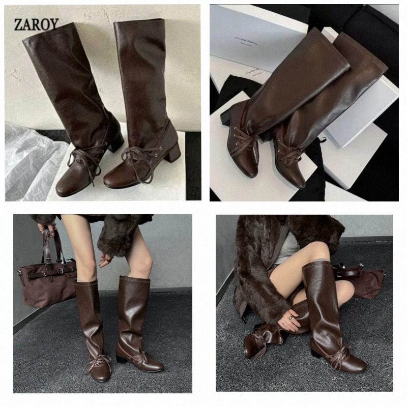 รองเท้าบูทผู้หญิงทรงสูงถึงเข่า ดีไซน์ใหม่ล่าสุดจาก ZAROY สำหรับฤดูใบไม้ร่วงและฤดูหนาว ดีไซน์หรูหรา พร้อมเชือกผูก หัวมน สไตล์วินเทจเก๋ไก๋ สีน้ำตาลอ่อน นุ่มสบาย