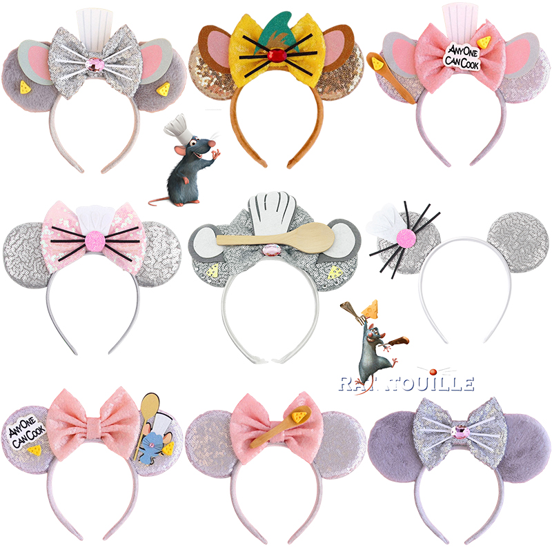 Pixar Ratatouille Opaski z uszami dla kobiet Urocza łyżka Cekiny Kokarda Opaska do włosów Dziewczyna Disney Mouse Chef Remy Akcesoria do włosów Prezent dla dzieci