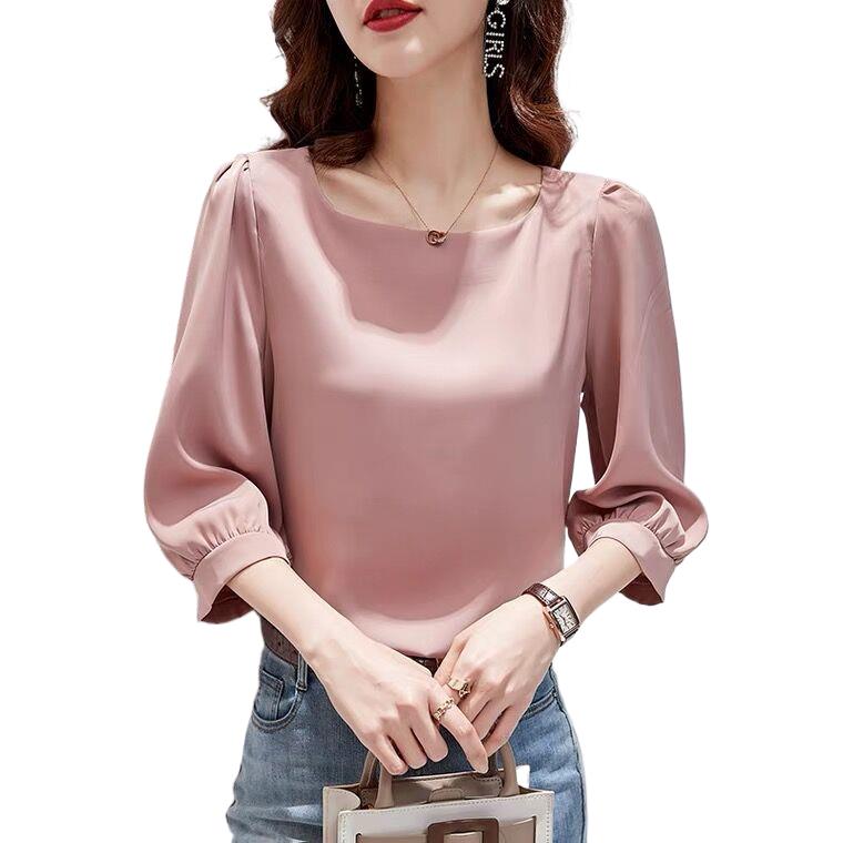 Blusas elegantes de satén con manga tres cuartos para mujer, camisa Vintage de seda de hielo rosa, Tops informales holgados con mangas abullonadas 2026