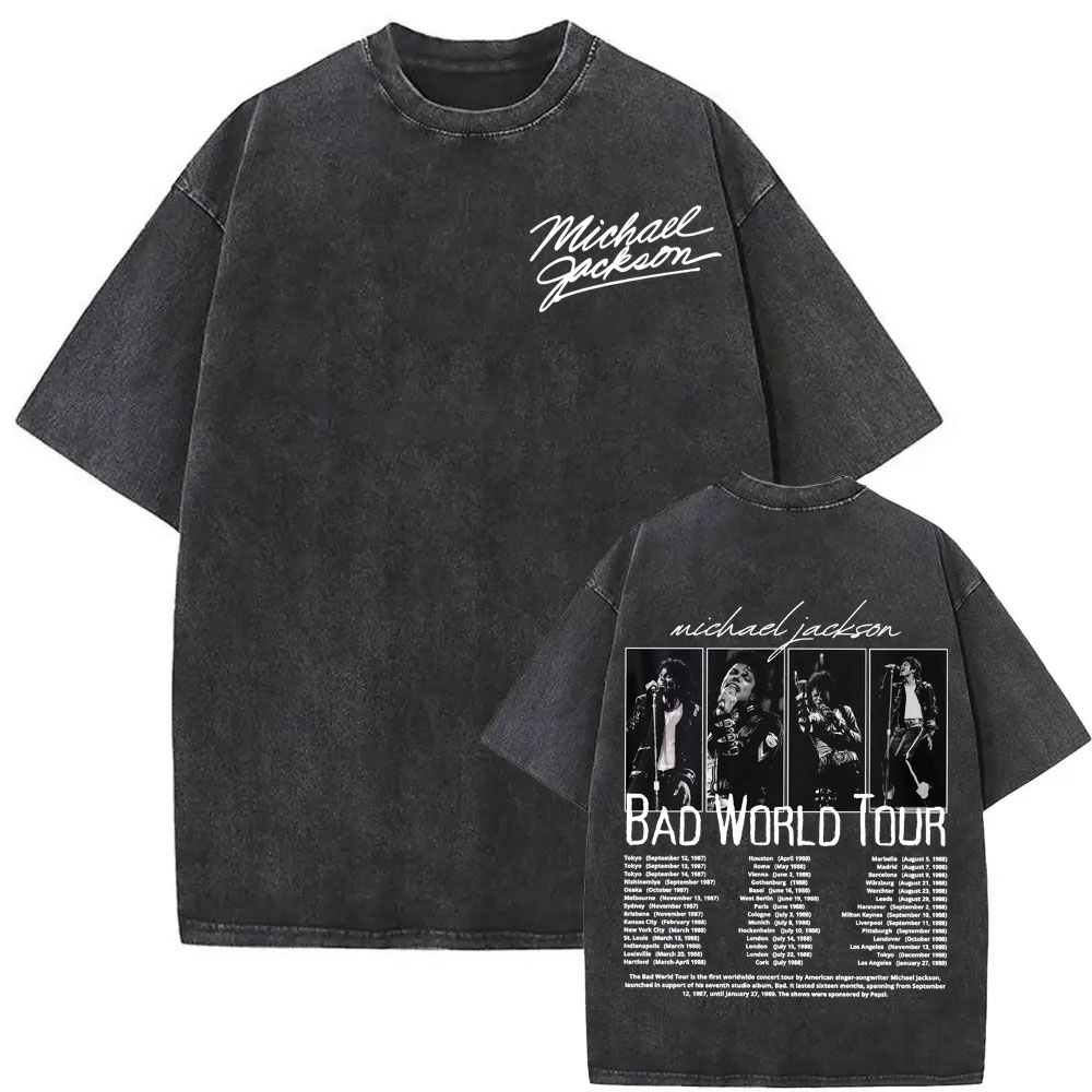 King of Pop Michael Jackson Bad World Tour T Shirts Men Women Casual Loose Oversized T-shirts Hip Hop 90s Vintage Washed T-shirt