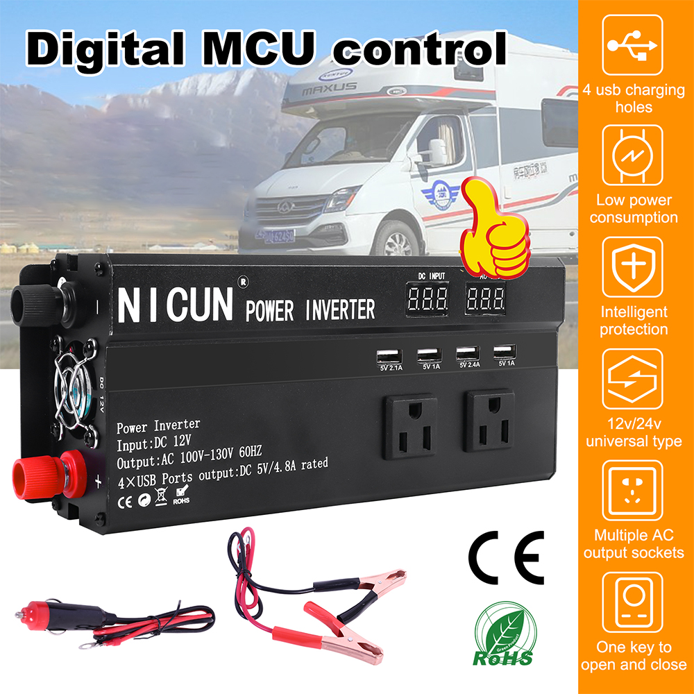 Auto Omvormer Zuivere Sinus DC 12 V Naar AC 110 V Zonne-energie Converter LCD 3 AC Outlets USB-poort Voor Thuis Outdoor RV Auto
