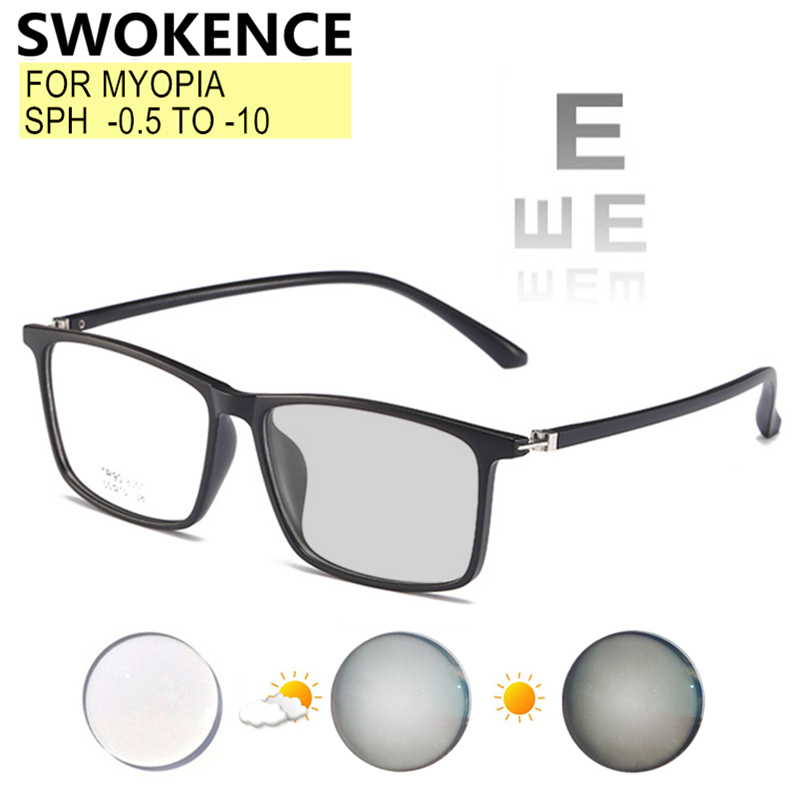 Photochromic Or Blue Light Blocking Myopia Glasses Prescription -0.5 to -10 Customizable Women Men Square TR90 Frame F118