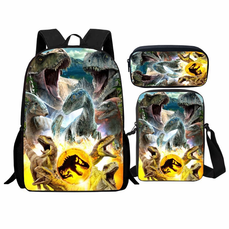 New product printed Jurassic World student backpack three piece set Jurassic dinosaur backpack shoulder bag pencil case