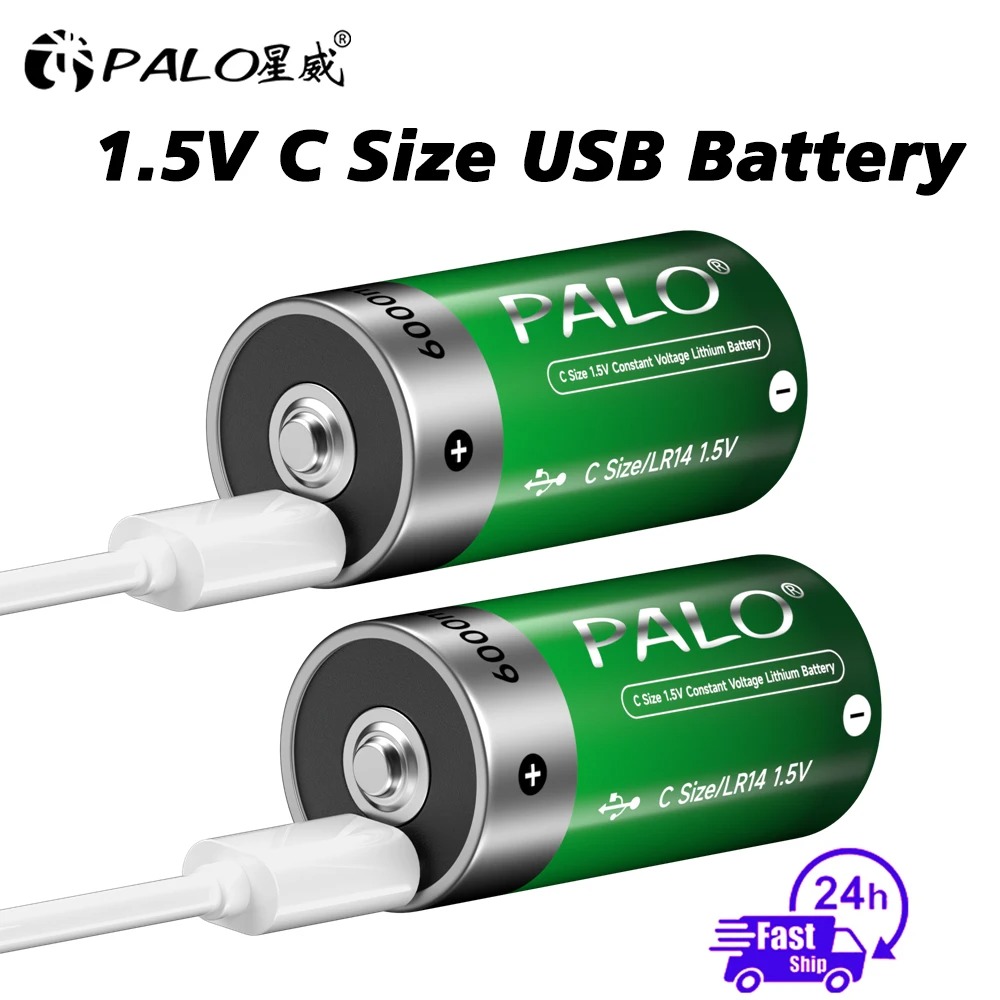 Bateria Recarregável PALO 1.5V 6000mWh Tamanho C, Bateria de Lítio Recarregável USB LR14, Carregada por Cabo USB Tipo C